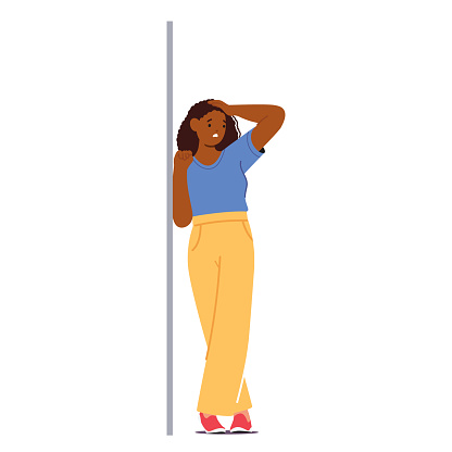 Distressed Black Woman Rests Against A Wall, Her Posture Conveying Sorrow Or Frustration. Female Character Wearing T-shirt and Pants Seeking Solace Or A Moment Of Respite. Cartoon Vector Illustration