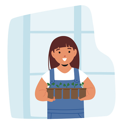 Girl Character Holding A Potted Plant Seedlings. Tiny Green Shoots Emerge From Rich Soil, Their Leaves Unfurling Toward Sunlight, Promising Future Growth And Beauty. Cartoon People Vector Illustration