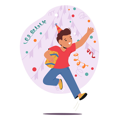 Jubilant Little Boy Leaps Joyfully With A Gift In Hand Amidst A Birthday Celebration, His Laughter Echoing In The Air. Happy Kid Character Rejoice under Falling Confetti. Cartoon Vector Illustration