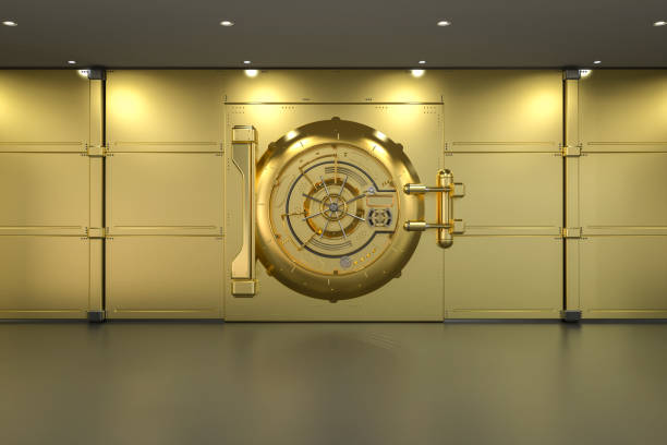 istock Golden bank vault door closed 2150482289