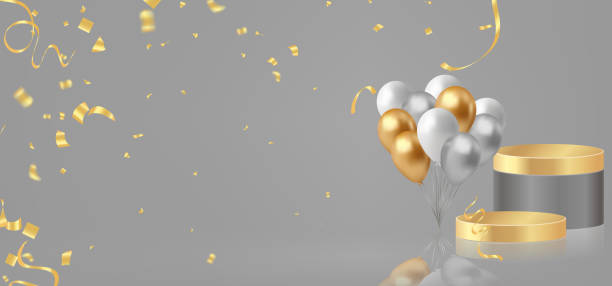 istock 3d render of golden and silver balloons with confetti and gift box 2150482574