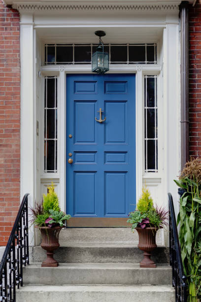 istock Blue front door in New England 2150483996