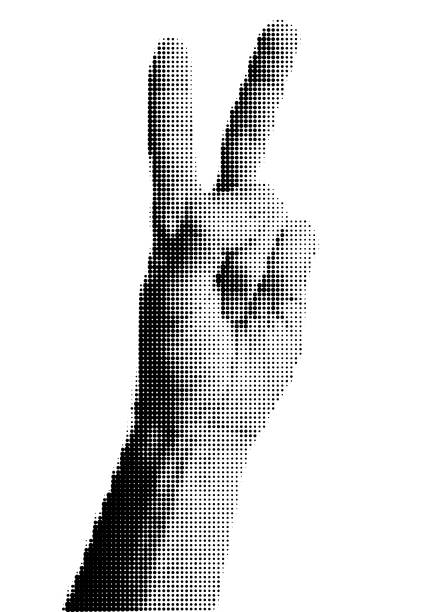 istock Halftone dotted male hand with two fingers up. Vector textured human arm for trendy y2k retro collage 2150484244