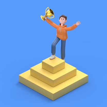 isometric 3D illustration on a blue background,3D illustration of male guy Qadirwith a cup stands on the top of the pyramid, achieving success