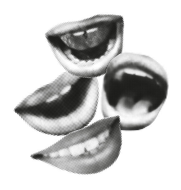 Human mouths lips halftone collage vector illustration Human mouths halftone collage. Lips smiling, talking, screaming, shouting. Dotted modern retro urban magazine style pop art element sticker clip art. Vector illustration weird spot stock illustrations