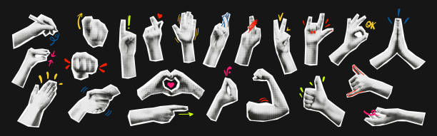 Hands emoji halftone collage gestures collection vector illustration Trendy halftone collage elements set. Cut out from magazine hand emoji gestures collection. Various hands signs grunge punk dotted stickers. Modern retro vector illustration with doodles popart hand stock illustrations