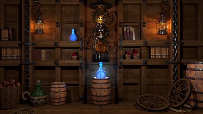 Enter the wizard's workshop, where magic brews amidst steampunk wonders: gears, wheels, clockwork, and rivets craft an enchanting elixir