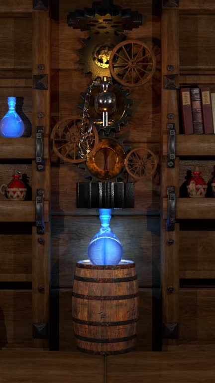 Enter the wizard's workshop, where magic brews amidst steampunk wonders: gears, wheels, clockwork, and rivets craft an enchanting elixir