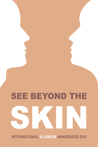 This International Albinism Awareness Day vector art features symbolic male and female figures, face-to-face. The powerful slogan See Beyond the Skin is prominently displayed. The warm brown backdrop adds a touch of earthiness to the design.