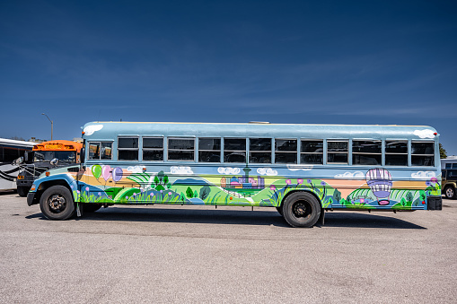 Party bus with painted mural on the exterior. Retired school bus converted in to party bus, decorated with unique art mural on it's side. Exterior of public parking lot in Toronto, Canada.