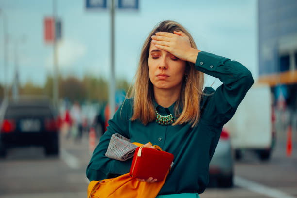 Forgetful Woman Checking her Bag Losing her Money