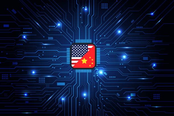 flag, america, usa, china, artificial intelligence, battle, business, chinese, chip, chip war, chips, company, computer, consumer, country, crisis, critical, datacenter, deal, demand, dispute, electronic, factory, fighting, finance, global, government, in AI chipset processor circuit board digital transformation blue abstract technology background. china digital flag stock illustrations