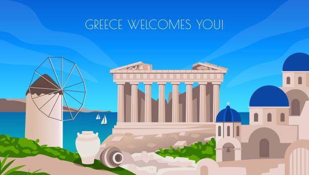 Greek tourism. Greece welcome poster. Ancient temple. City landmark. Antique Europe buildings. Map with architecture and sea. Windmill and old amphora. Vector vacation banner design Greek tourism. Greece welcome poster. Ancient temple. City landmark. Antique Europe buildings. Map with architecture and sea. Scenic seascape. Windmill and old amphora. Vector vacation banner design athens greece map stock illustrations
