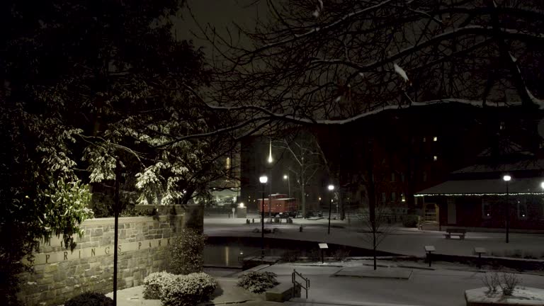 Aerial snowy night shot of the Lititz Springs entrance.