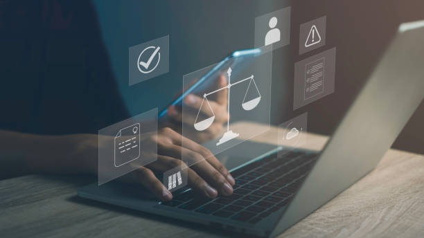 istock Compliance rules and law regulation policy concept. Labtop screen show virtual law and data policy icon. Business quality policy planning. 2150502589
