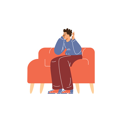 Bowling night. Vector illustration: Relaxed man on the sofa, eagerly watching the game and waiting for his turn to play. Flat character design, on an isolated background.