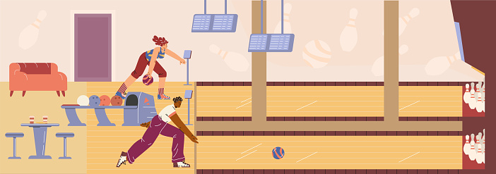 Leisure activity concept. Vector illustration of a bowling alley scene with players enjoying the game and score monitors.
