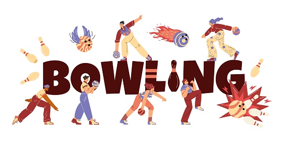 Dynamic bowling scene with animated characters. Vector illustration of players in action with bowling balls and pins.