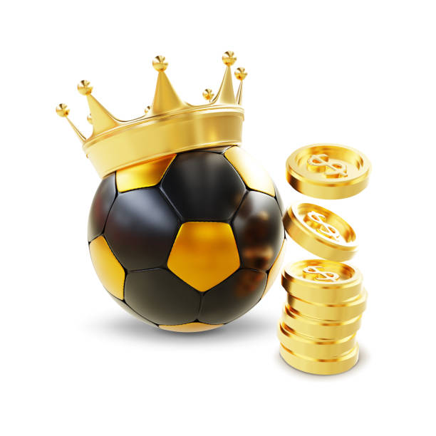 Soccer ball with gold crown and stack of coins isolated on white background. 3d-rendering