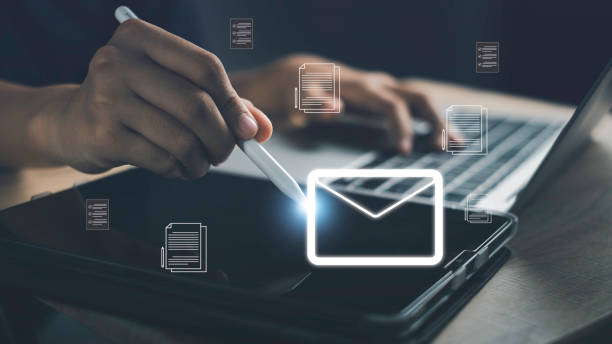 istock Businessman sending email by tablet computer to customer, Email marketing, Send and receive email or spam inbox. Send e-mail or newsletter, online contact, working internet connection. 2150503024