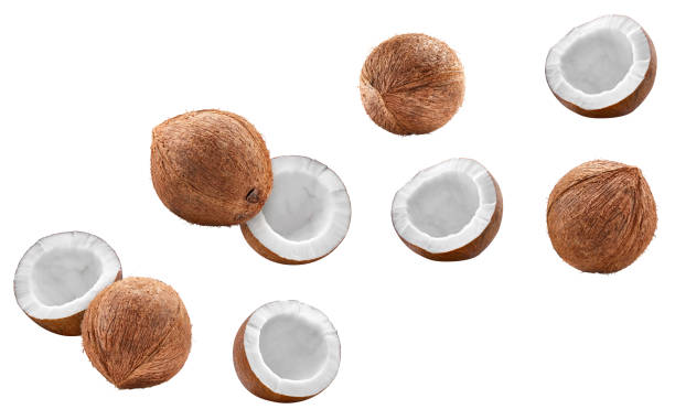 istock Flying Coconut with cut in half isolated on white 2150503821