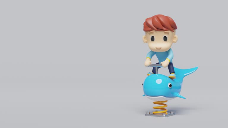 Playground whale spring rider with boy isolated on grey background. 3d render illustration, alpha channel