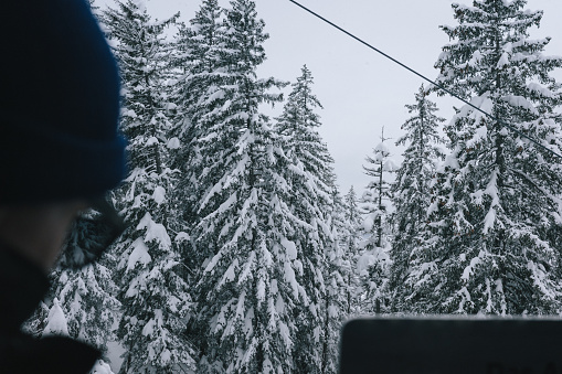 View past man riding in gondola with fresh powder snow covering forest