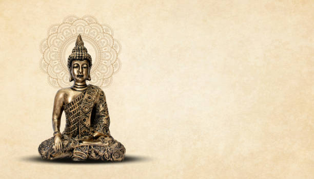 istock Buddha Purnima, Buddha statue meditation, floral background 2150509805