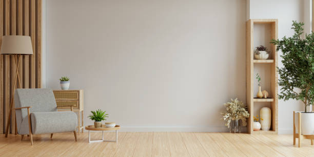 istock Minimal room with an armchair on empty white wall background- 3D rendering 2150510483