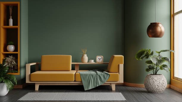 istock Modern wooden living room has an yellow sofa on empty dark green wall background- 3D rendering 2150510489