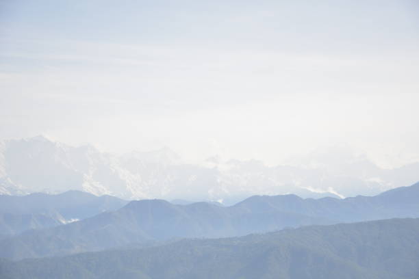 View through the branches Rhododendron tree at stunning Annapurna Himalayan mountain range from Poon Hill Trek, Nepal