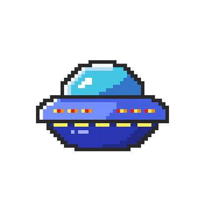 Vector Illustration of Ufo Spaceship with Pixel Art Design, perfect for game assets themed designs