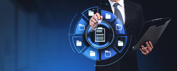 istock Businessman working with document management system hologram, business contract 2150513434
