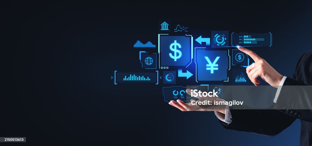 Using Money Man Hands Using Money Exchange And Transaction Interface Stock Photo ...