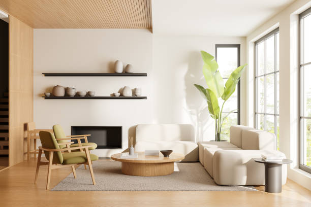 istock Cozy home living room interior lounge zone and fireplace, panoramic window 2150513774