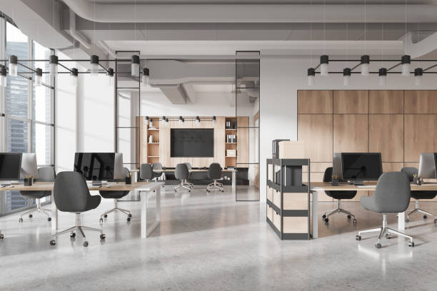 istock White and wooden open space office interior 2150513783