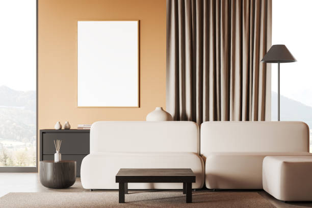 istock Modern living room interior with couch and drawer near window. Mockup frame 2150513865
