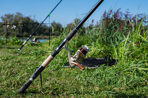 Fishing rods on the background of the lake at dawn. Fishing, recreation, hobby. Copy space. Close-up