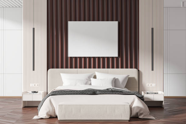 istock White and brown master bedroom interior with poster 2150514108