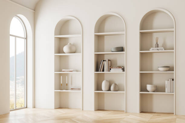 istock Modern home living room interior and shelf and decoration, panoramic window 2150514155
