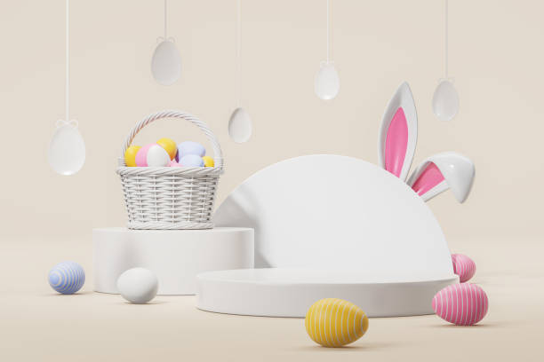 istock Colorful easter eggs in white basket, mock up podium for product display 2150514437