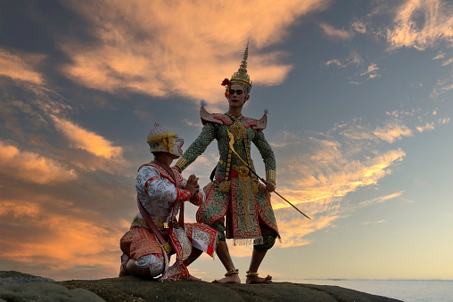 Khon is a dance drama genre from Thailand. Khon is traditional dance drama art of Thai classical masked, Scene of performance is Ramayana epic.