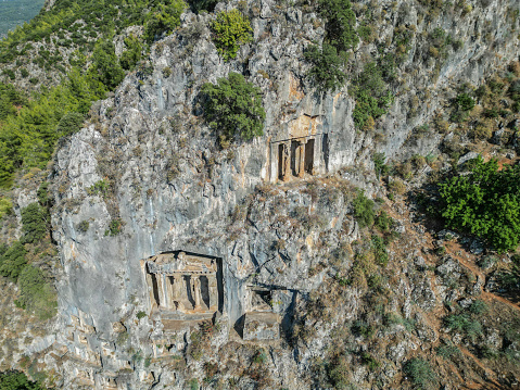 Aerial view of ancient Lycian Rock tombs of the kings, Fethiye, Turkey.