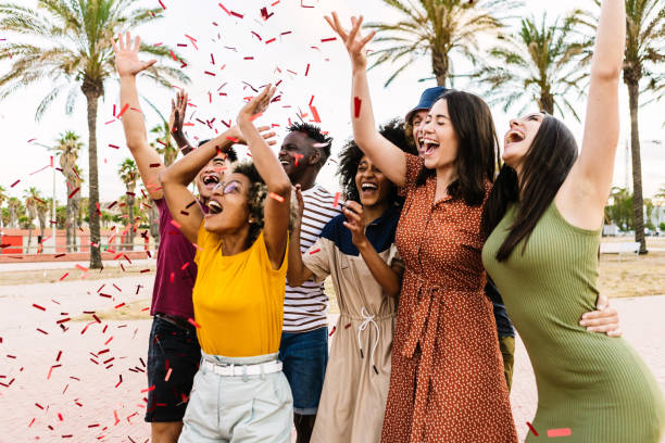 istock Young multiracial hipster people having fun in summer party celebration 2150515182