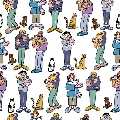 colored seamless pattern cartoon people doodle style. male and female in different poses with pets. design for wallpaper, backdrop, wrapping, textile print