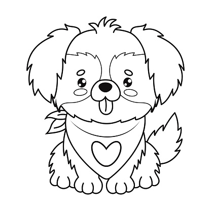 Cute outline dog with tongue hanging out. Funny animal character kawaii. Vector illustration. Line drawing, coloring book. Kids collection
