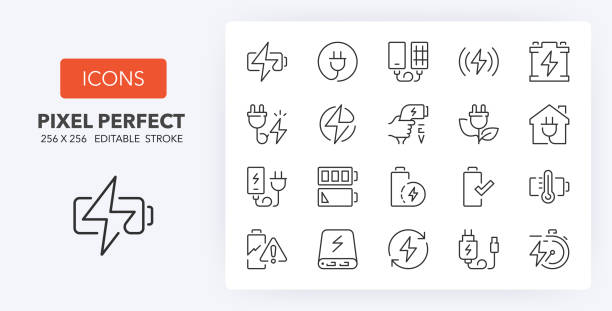 Charging line icons 256 x 256 Line icons about battery charging. Contains such icons as charger, ev charger station, power bank and more. Editable vector stroke. 256 Pixel Perfect scalable to 128px... phone charging station icon stock illustrations
