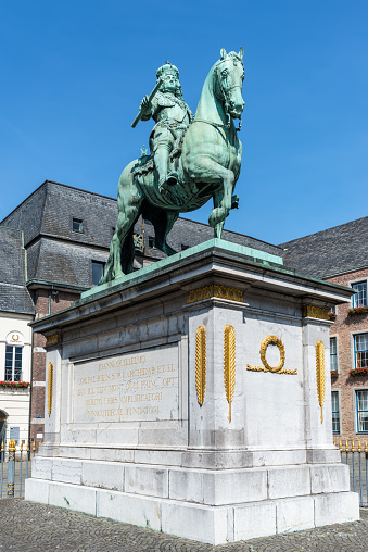 Dusseldorf, Germany - June 1, 2023: Monument of elector Jan Wellem on market square in the old city of Duesseldorf, North Rhine-Westphalia, Germany.