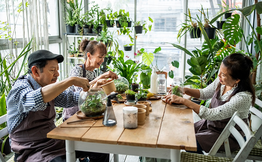 Senior people learn to create plant terrariums in a workshop at garden center