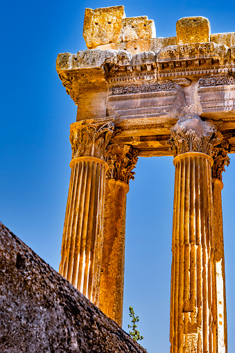 View of the columns of the temple of Bacchus in Baalbek, Lebanon